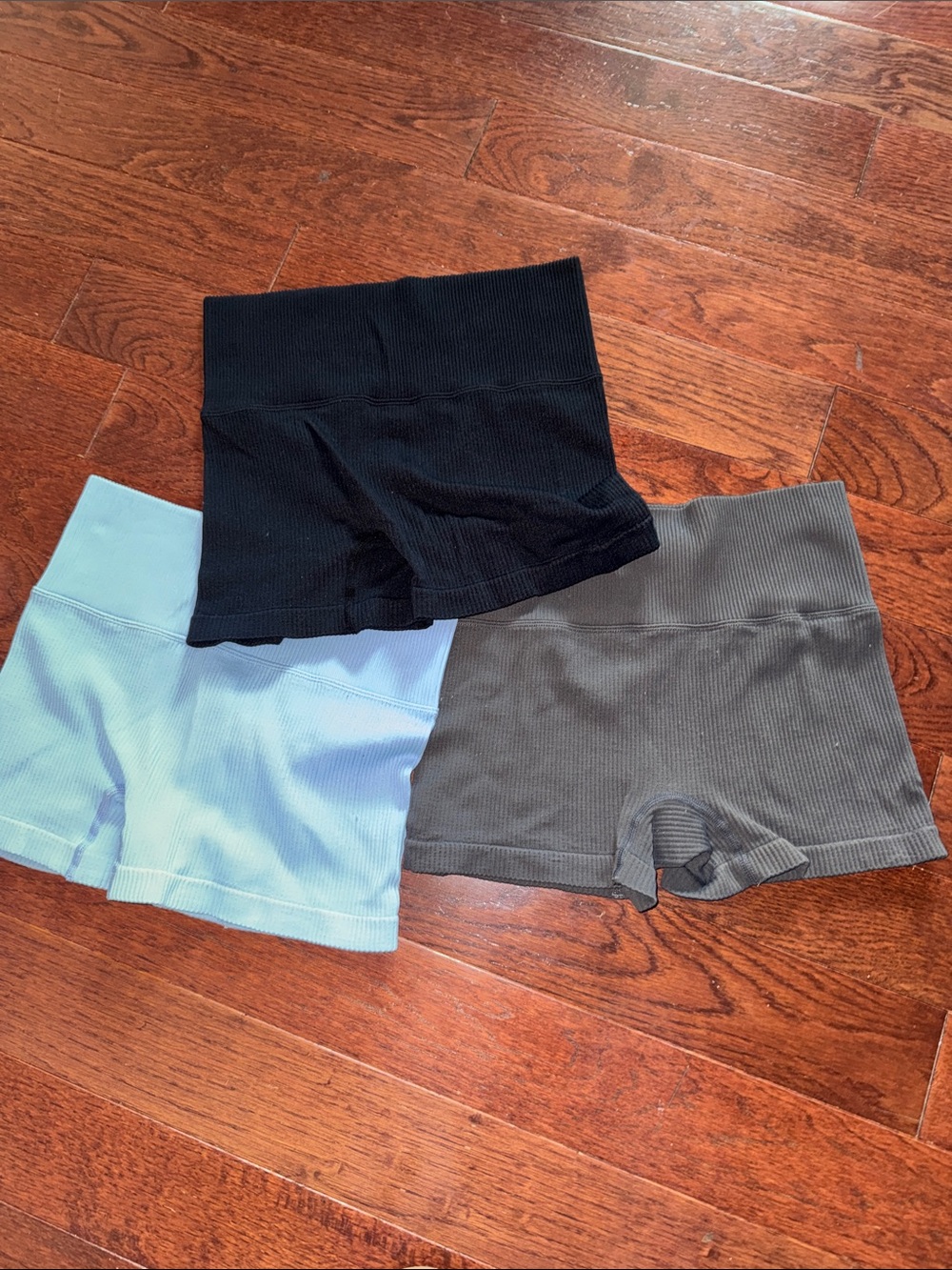 SHEIN Ribbed High-Waist Bike Shorts Trio - Black, Light Blue, Gray